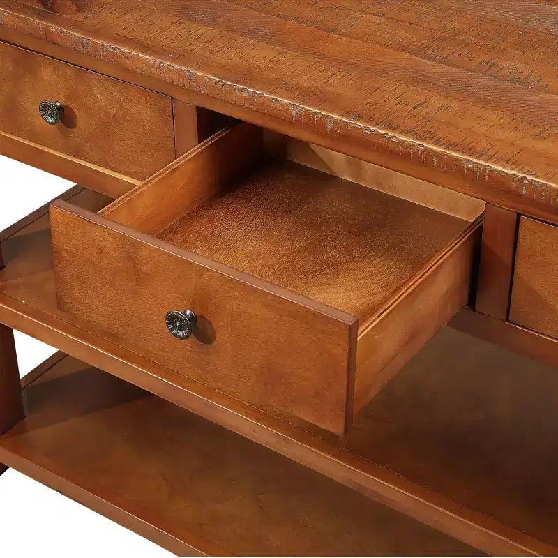 Consolle moderna da 48'' con ripiano in legno massello, 3 cassetti e 2 ripiani, marrone