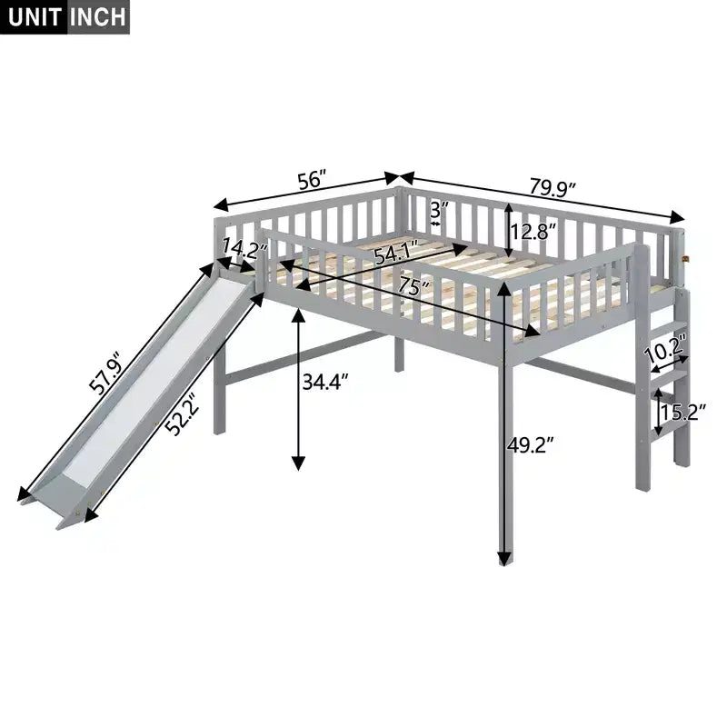 Letto a soppalco basso con scivolo, struttura letto a soppalco in legno per bambini con sponda di sicurezza alta per bambine e bambini