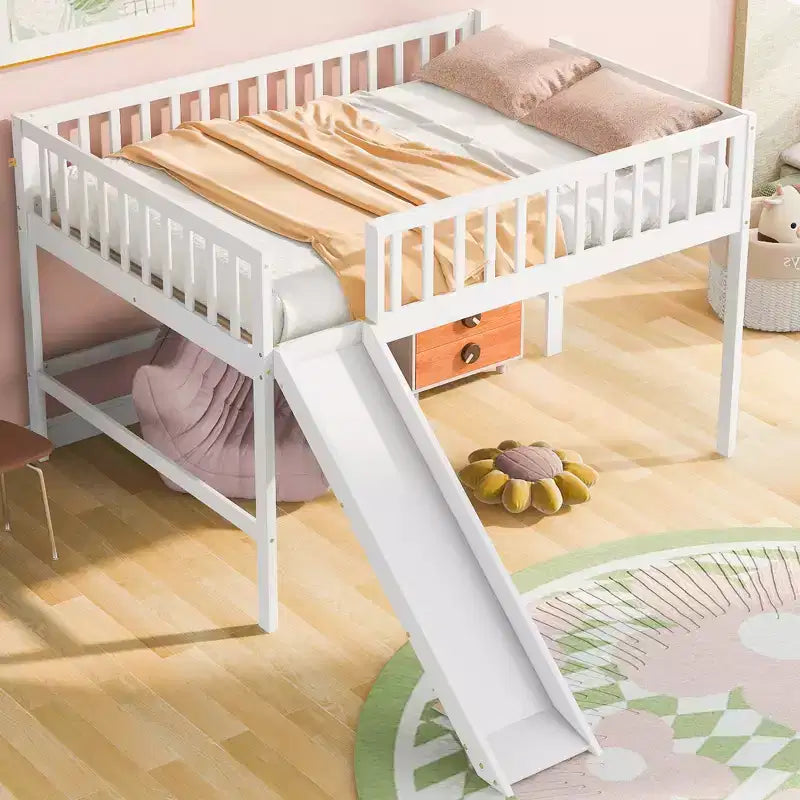 Letto a soppalco basso con scivolo, struttura letto a soppalco in legno per bambini con sponda di sicurezza alta per bambine e bambini
