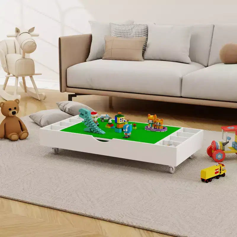The 2 in 1 Rollaway Play Table and Toy Organizer Compatible with Lego Suitable for Storing Under Bed or Sofa-White (38 x 18.7 x 5.9)