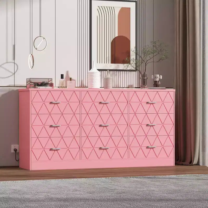 Comò a 9 cassetti, Cassettiera moderna in legno, Mobile TV con cassetti, Organizzatore cassetti in legno con presa di corrente per camera da letto, soggiorno