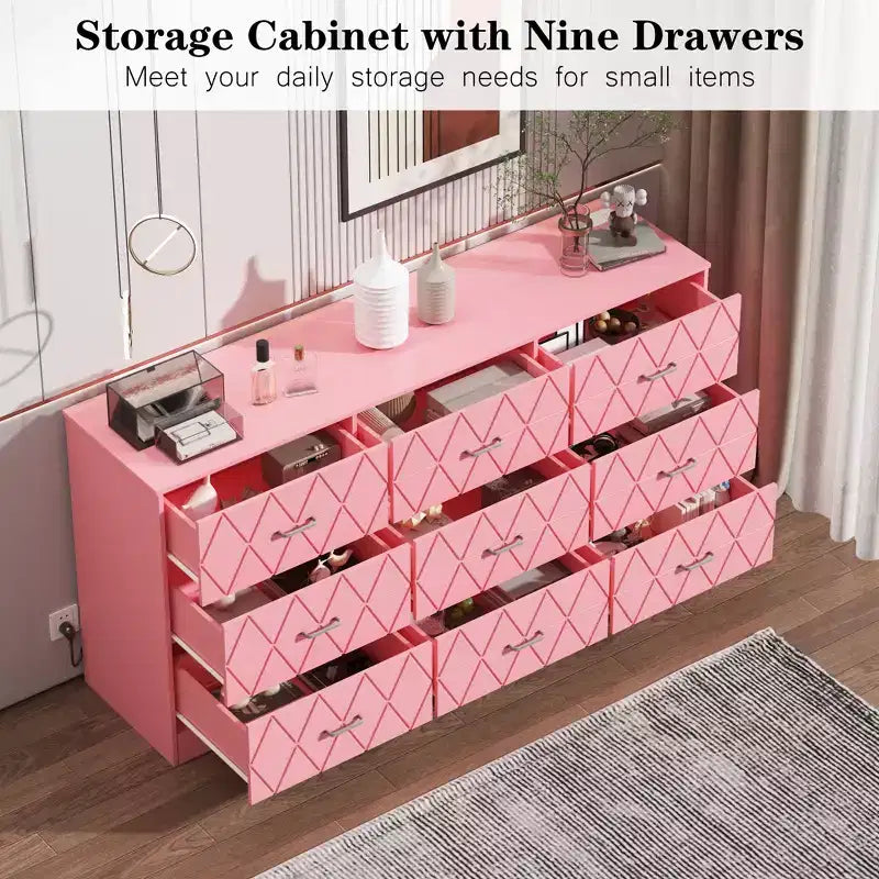 Comò a 9 cassetti, Cassettiera moderna in legno, Mobile TV con cassetti, Organizzatore cassetti in legno con presa di corrente per camera da letto, soggiorno