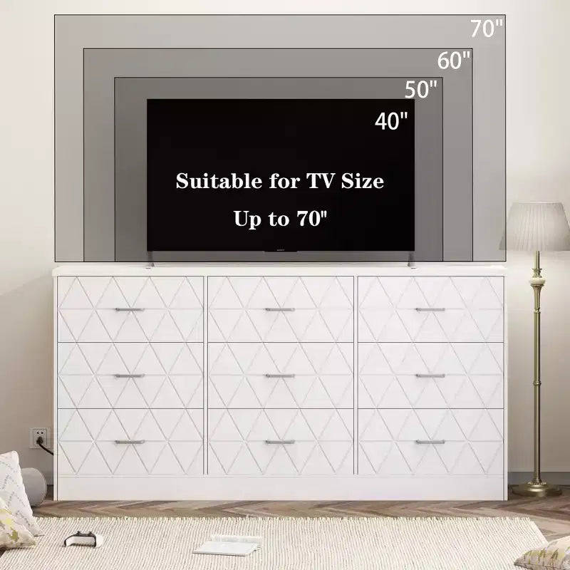 Comò a 9 cassetti, Cassettiera moderna in legno, Mobile TV con cassetti, Organizzatore cassetti in legno con presa di corrente per camera da letto, soggiorno