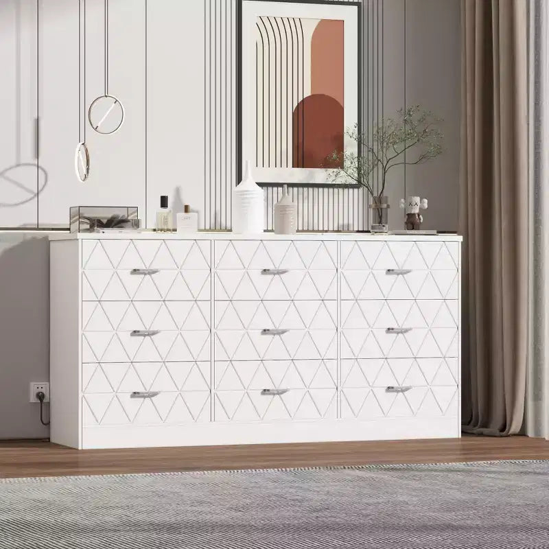 Comò a 9 cassetti, Cassettiera moderna in legno, Mobile TV con cassetti, Organizzatore cassetti in legno con presa di corrente per camera da letto, soggiorno