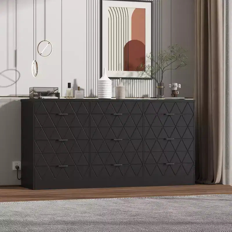 Comò a 9 cassetti, Cassettiera moderna in legno, Mobile TV con cassetti, Organizzatore cassetti in legno con presa di corrente per camera da letto, soggiorno
