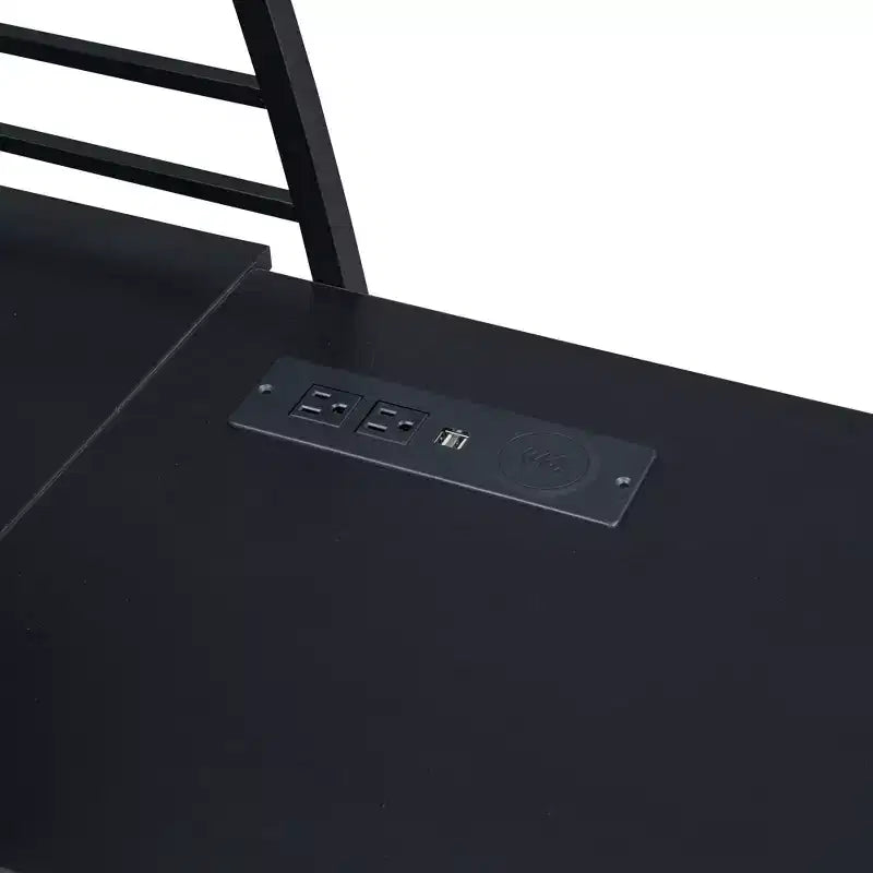 Letto a soppalco con ripiani e scrivania a L, struttura in metallo con prese, porte USB e ricarica wireless