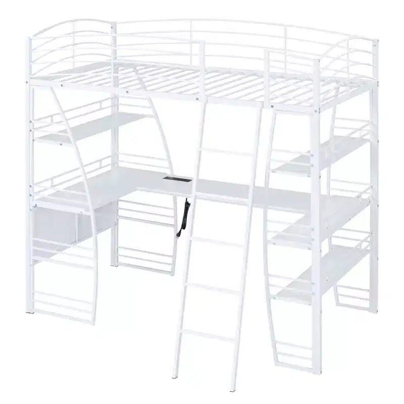 Letto a soppalco con ripiani e scrivania a L, struttura in metallo con prese, porte USB e ricarica wireless