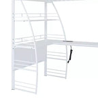 Letto a soppalco con ripiani e scrivania a L, struttura in metallo con prese, porte USB e ricarica wireless