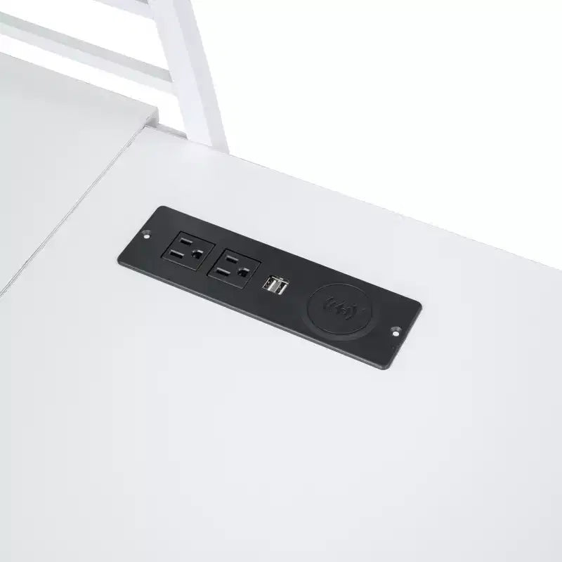 Letto a soppalco con ripiani e scrivania a L, struttura in metallo con prese, porte USB e ricarica wireless