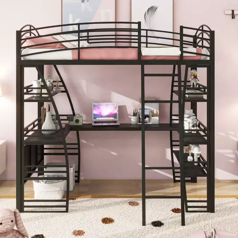 Letto a soppalco con ripiani e scrivania a L, struttura in metallo con prese, porte USB e ricarica wireless