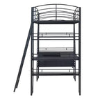 Letto a soppalco con ripiani e scrivania a L, struttura in metallo con prese, porte USB e ricarica wireless