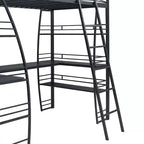 Letto a soppalco con ripiani e scrivania a L, struttura in metallo con prese, porte USB e ricarica wireless