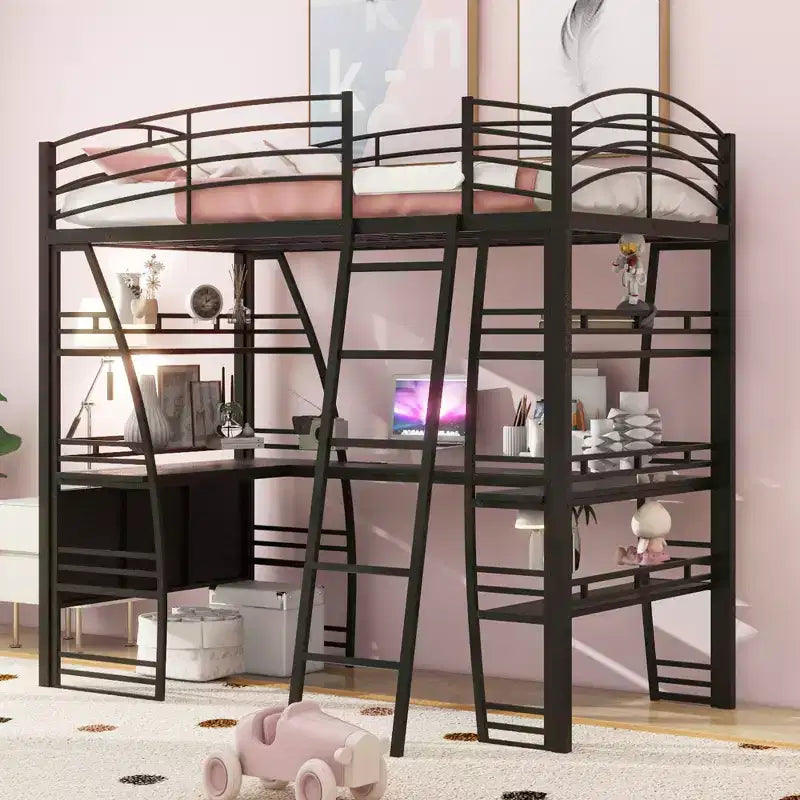 Loft Bed with Shelves and L-shaped Desk, Metal Frame Bed with a set of Sockets, USB Ports and Wireless Charging