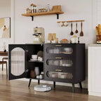 Sideboard with storage, sideboard with recessed glass doors and drawers, black sideboard for kitchen, dining room, living room