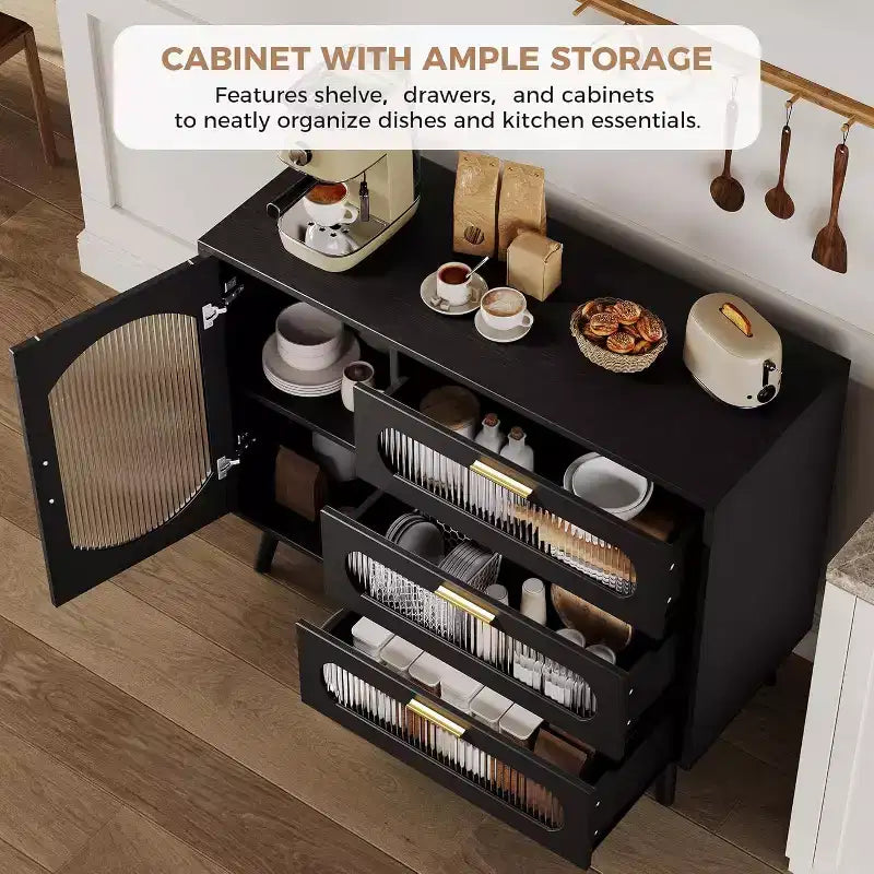 Credenza con ante, credenza con ante a scomparsa e cassetti, credenza nera per cucina, sala da pranzo, salotto