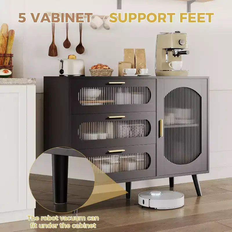 Credenza con ante, credenza con ante a scomparsa e cassetti, credenza nera per cucina, sala da pranzo, salotto