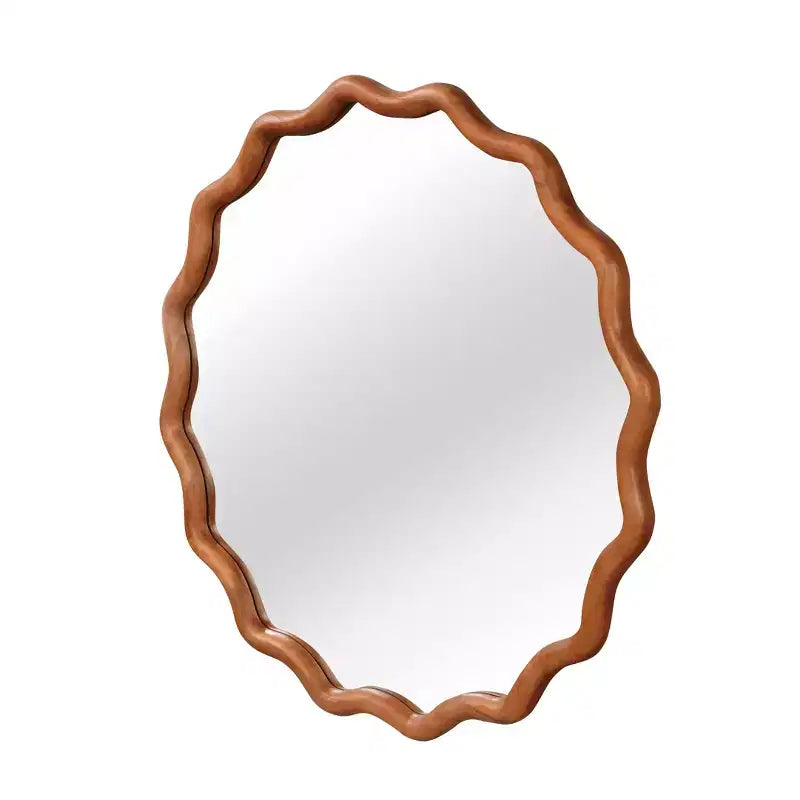 Specchio decorativo da parete moderno in stile rustico con cornice rotonda ondulata in legno massello, 30 cm, colore marrone
