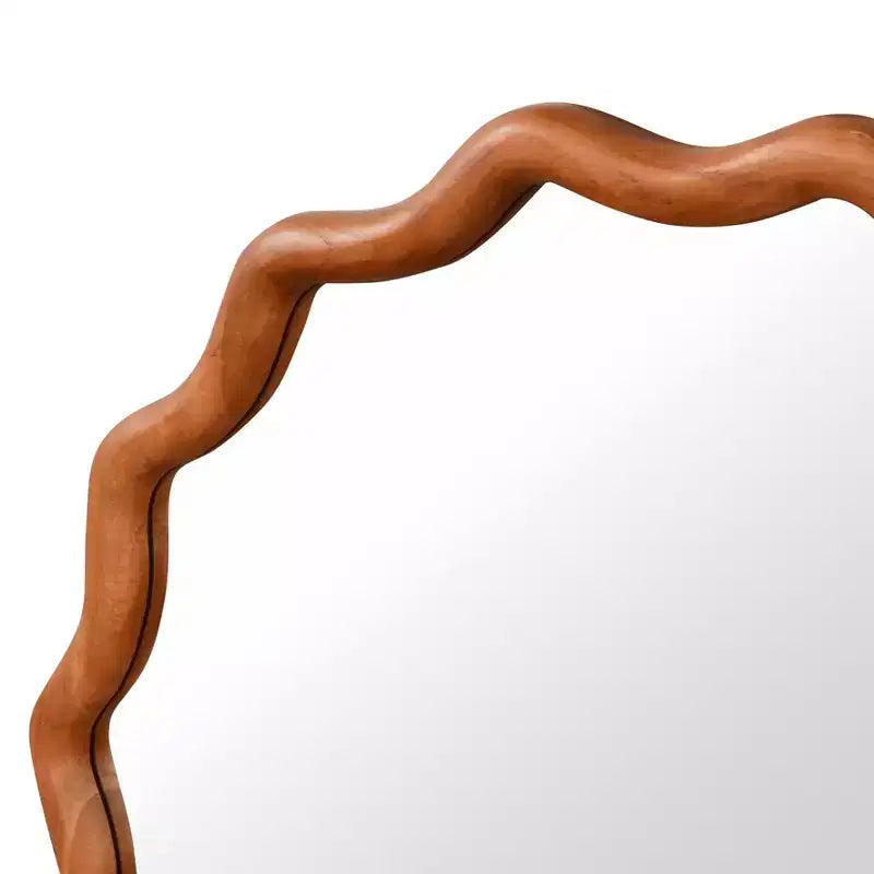 Specchio decorativo da parete moderno in stile rustico con cornice rotonda ondulata in legno massello, 30 cm, colore marrone