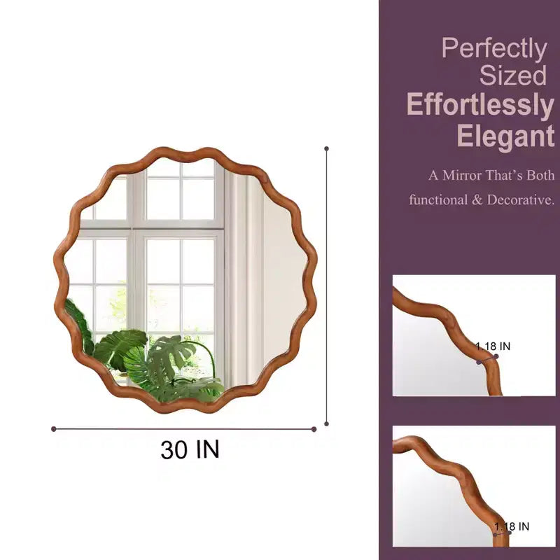 Specchio decorativo da parete moderno in stile rustico con cornice rotonda ondulata in legno massello, 30 cm, colore marrone