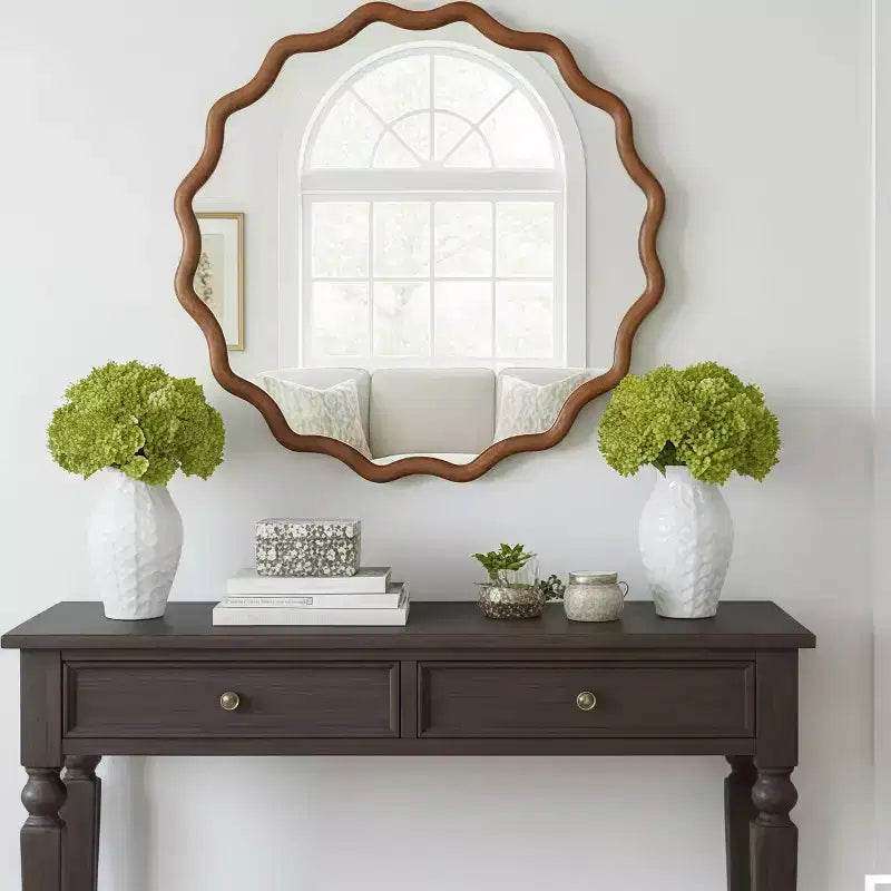 Specchio decorativo da parete moderno in stile rustico con cornice rotonda ondulata in legno massello, 30 cm, colore marrone