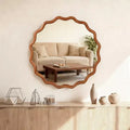 Specchio decorativo da parete moderno in stile rustico con cornice rotonda ondulata in legno massello, 30 cm, colore marrone