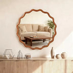 Specchio decorativo da parete moderno in stile rustico con cornice rotonda ondulata in legno massello, 30 cm, colore marrone
