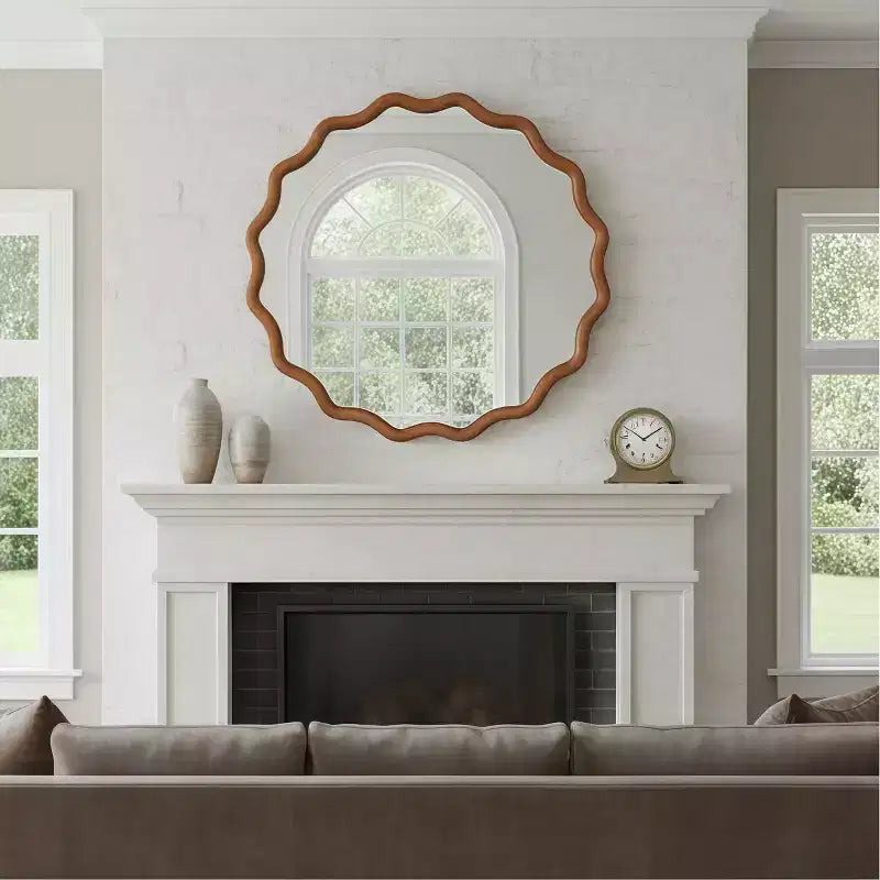 Specchio decorativo da parete moderno in stile rustico con cornice rotonda ondulata in legno massello, 30 cm, colore marrone