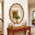Specchio decorativo da parete moderno in stile rustico con cornice rotonda ondulata in legno massello, 30 cm, colore marrone