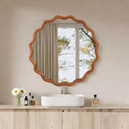 Specchio decorativo da parete moderno in stile rustico con cornice rotonda ondulata in legno massello, 30 cm, colore marrone