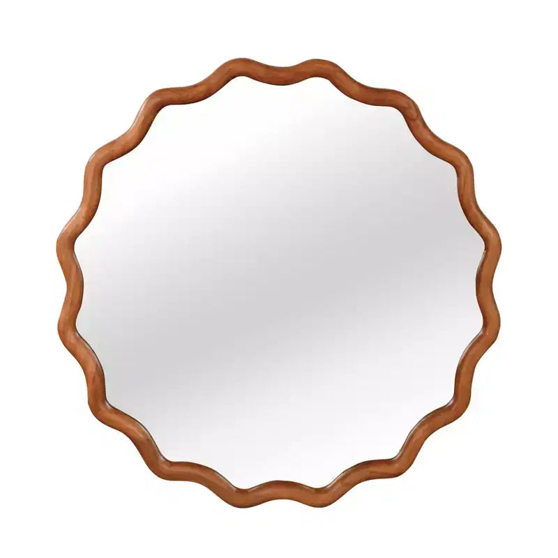Specchio decorativo da parete moderno in stile rustico con cornice rotonda ondulata in legno massello, 30 cm, colore marrone