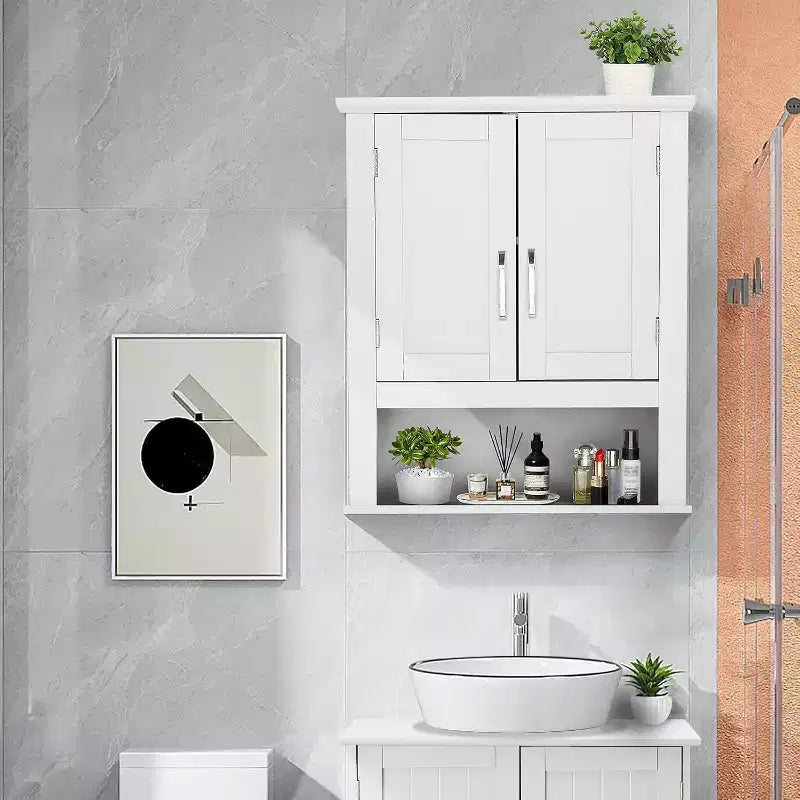 Pensile da bagno, mobiletto con specchio da parete, organizer da bagno sopra il WC con 2 ante e 1 ripiano regolabile