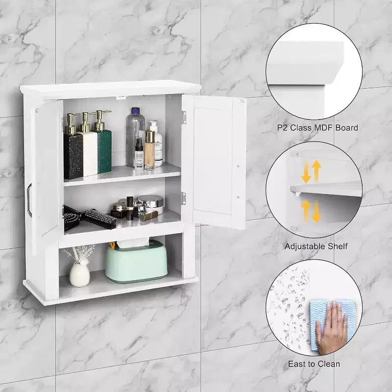 Pensile da bagno, mobiletto con specchio da parete, organizer da bagno sopra il WC con 2 ante e 1 ripiano regolabile
