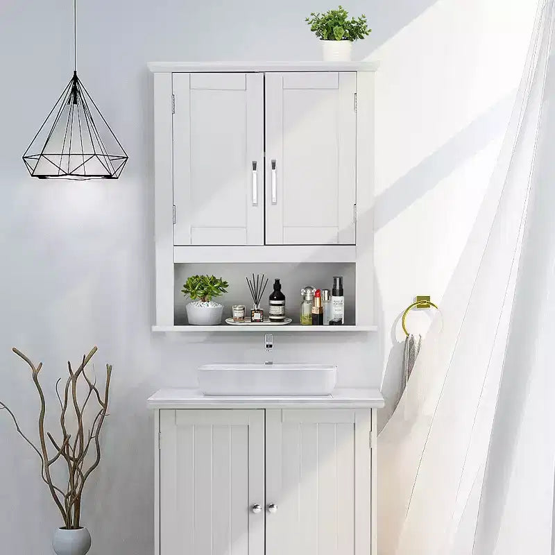 Pensile da bagno, mobiletto con specchio da parete, organizer da bagno sopra il WC con 2 ante e 1 ripiano regolabile