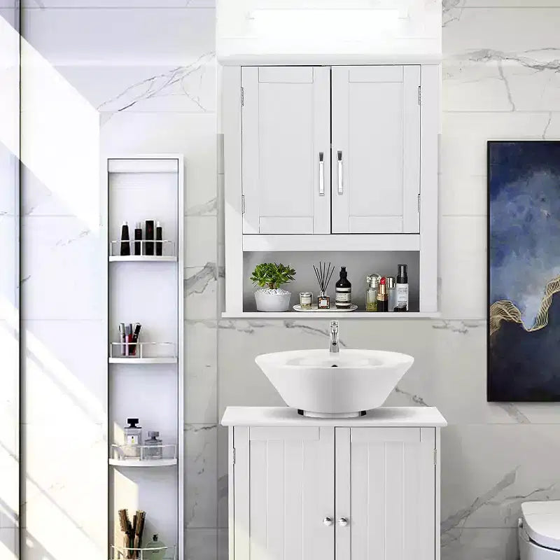 Pensile da bagno, mobiletto con specchio da parete, organizer da bagno sopra il WC con 2 ante e 1 ripiano regolabile