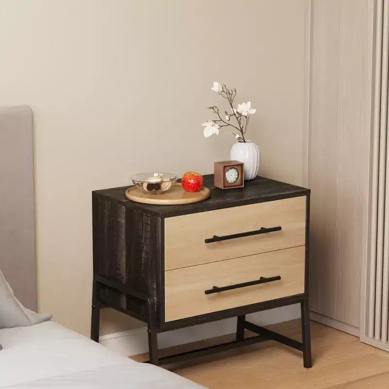 Comodino, tavolino da notte moderno di metà secolo con 2 cassetti portaoggetti, gambe in legno chiaro e metallo per camera da letto, soggiorno, marrone scuro
