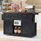 Zeus & Ruta 53.7 Farmhouse Kitchen Island with Power Outlet, 2 Sliding Barn Door Kitchen Storage Island with Drop Leaf