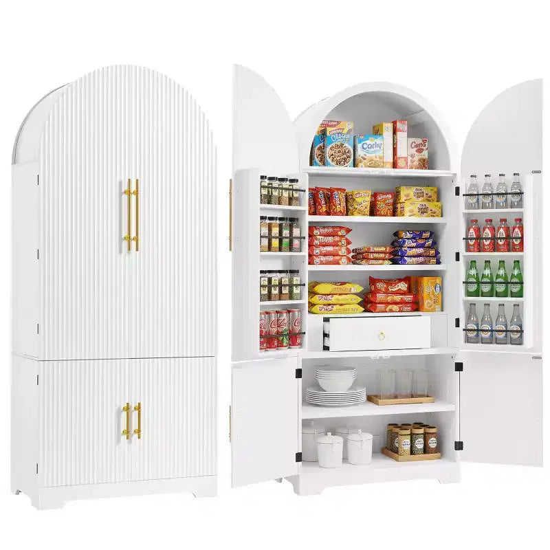 Mobile da Cucina Alto 183 cm con Anta ad Arco, 8 Ripiani, Bianco