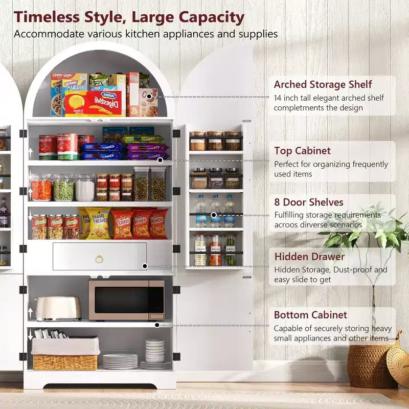 Mobile da Cucina Alto 183 cm con Anta ad Arco, 8 Ripiani, Bianco