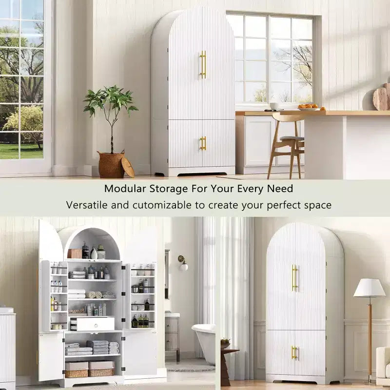Mobile da Cucina Alto 183 cm con Anta ad Arco, 8 Ripiani, Bianco