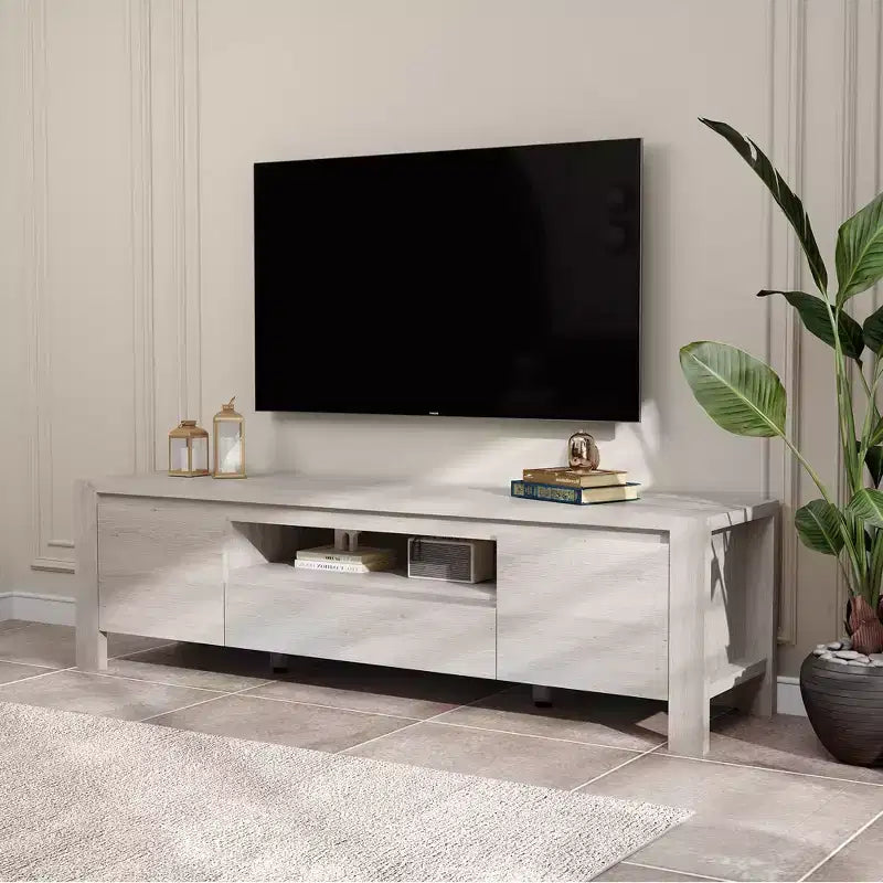Mobile TV da 63 pollici stile coloniale con armadietto, Centro d'intrattenimento per TV fino a 70 pollici, Nessun assemblaggio richiesto, Finitura naturale
