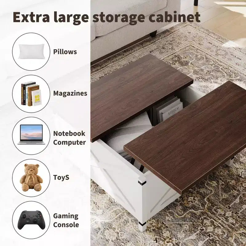 Tavolino da caffè quadrato di design industriale con ripiano sollevabile e vano portaoggetti per soggiorno