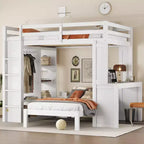 Full XL/Full over Twin Bunk Bed with Dismountable Lower Bed and Desk Solid Wood Bunk Beds Frame with Built-in Shelves and Wardrobe White