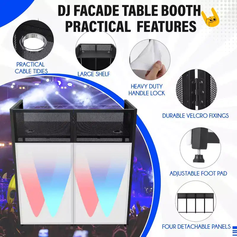 Cabina Portatile da DJ, Postazione da DJ Pieghevole con Tessuto Illuminato, Stand con Piedini Regolabili per Eventi, Struttura in Metallo Nero