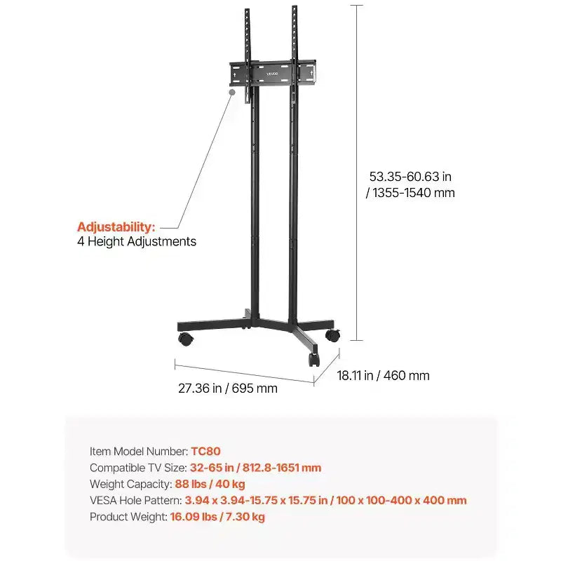 Carrello TV Rotante per Schermi da 32-65 Pollici, Supporto TV Mobile Regolabile in Altezza con Ruote, Supporto Monitor Portatile con Capacità di 40 kg, VESA Max 400x400