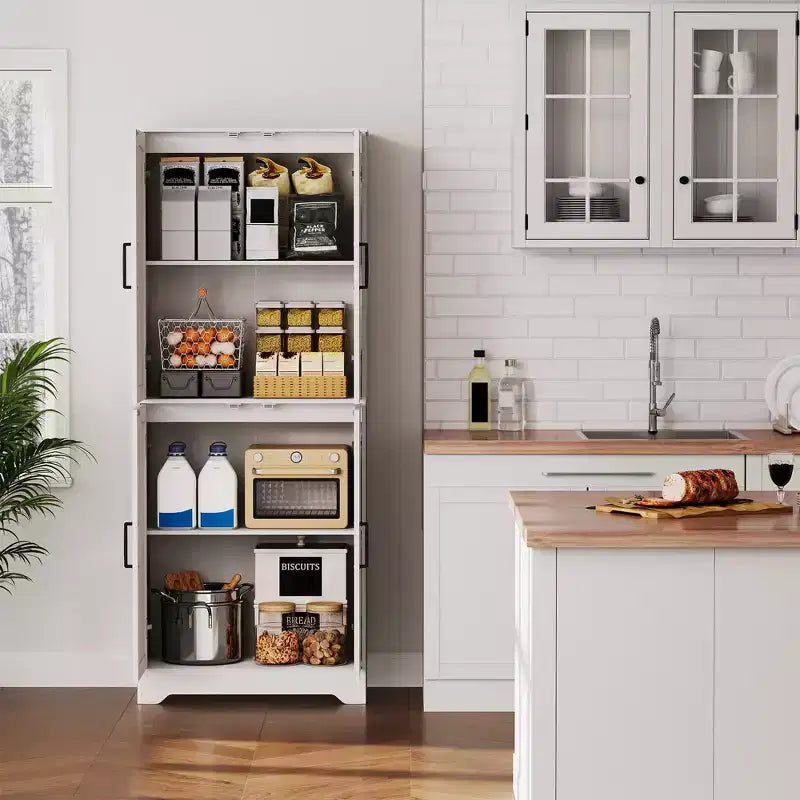 Credenza da cucina rustica, Armadio dispensa in legno alto 180 cm con 4 ante e ripiani regolabili, Mobiletto indipendente per sala da pranzo