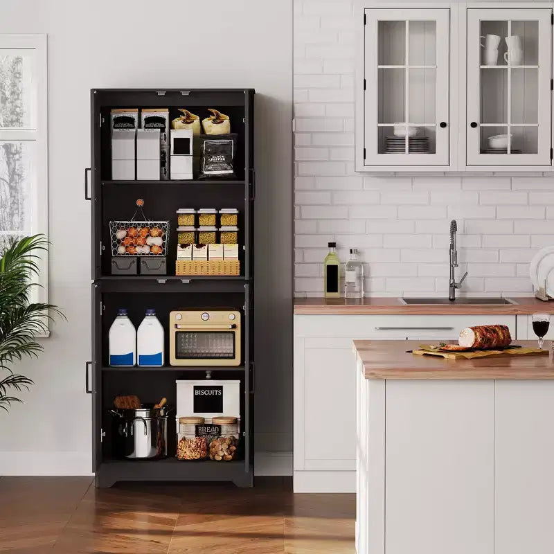 Credenza da cucina rustica, Armadio dispensa in legno alto 180 cm con 4 ante e ripiani regolabili, Mobiletto indipendente per sala da pranzo