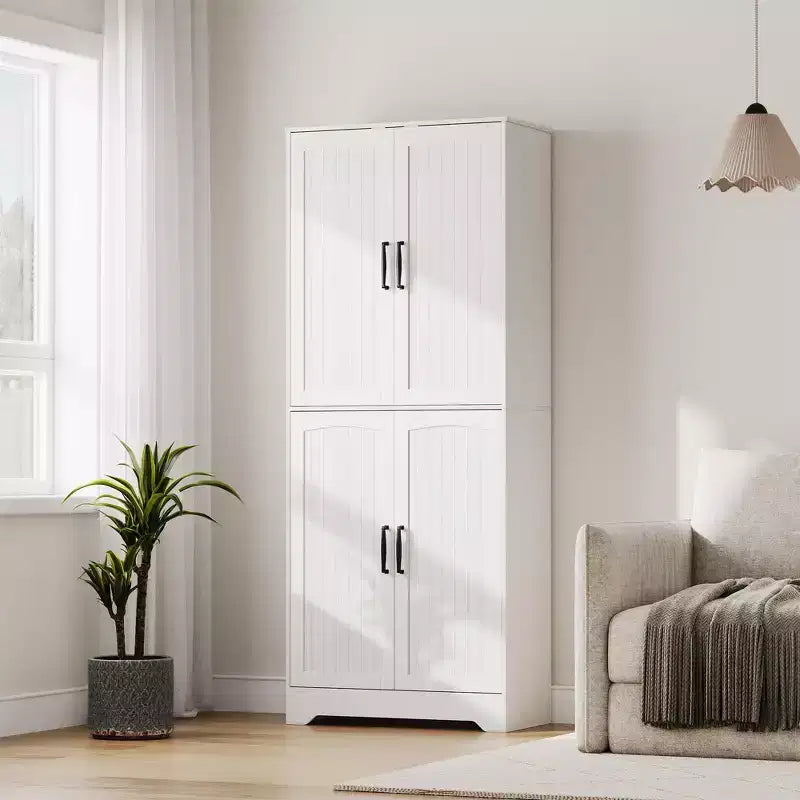 Credenza da cucina rustica, Armadio dispensa in legno alto 180 cm con 4 ante e ripiani regolabili, Mobiletto indipendente per sala da pranzo