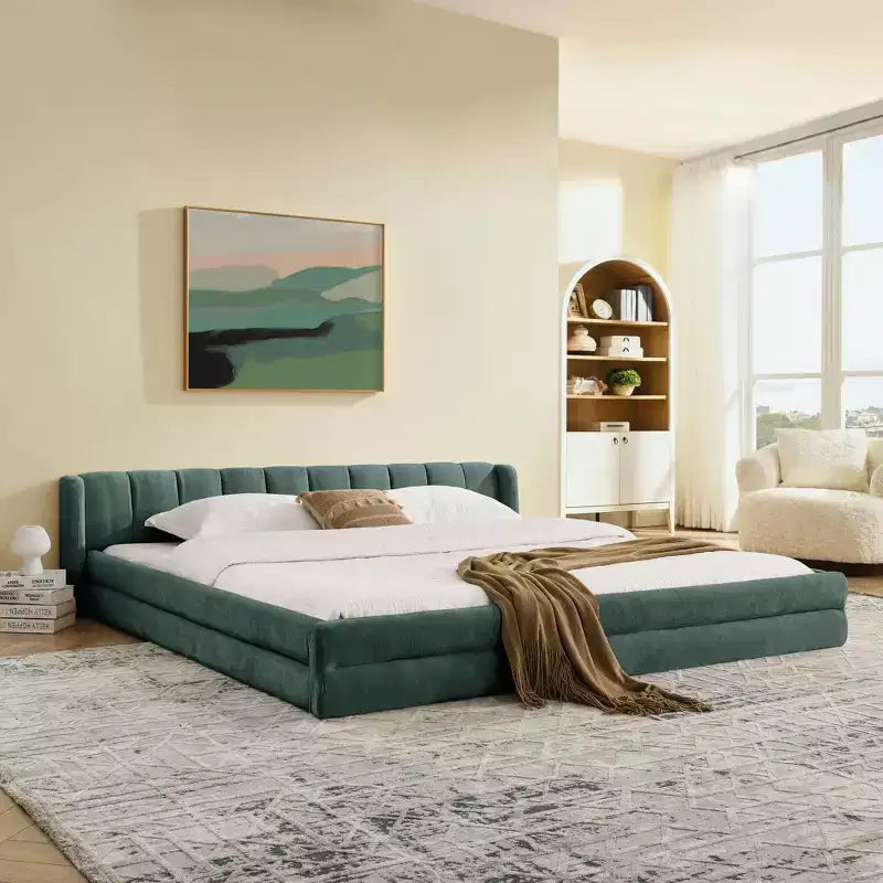Letto imbottito king size con testiera in tessuto ciniglia per camera da letto blu-verde
