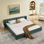 Letto imbottito king size con testiera in tessuto ciniglia per camera da letto blu-verde