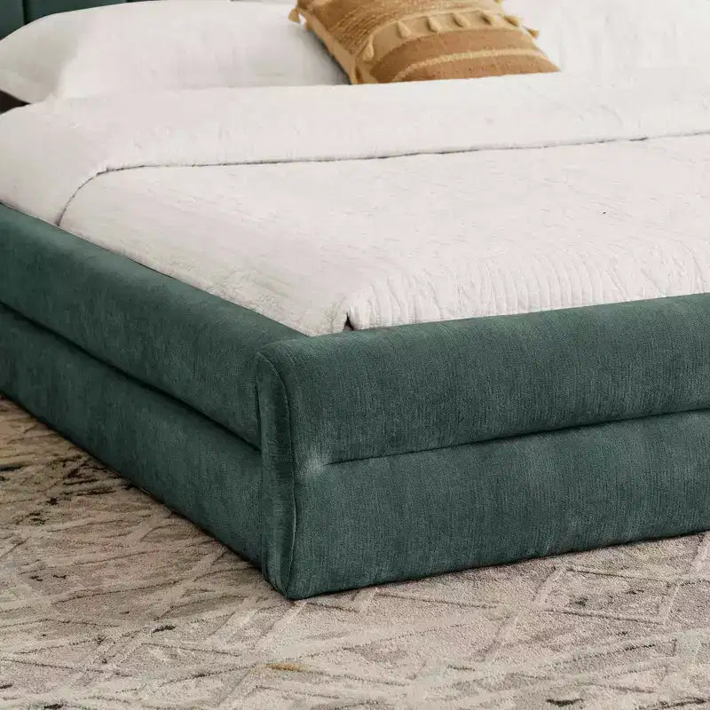 Letto imbottito king size con testiera in tessuto ciniglia per camera da letto blu-verde
